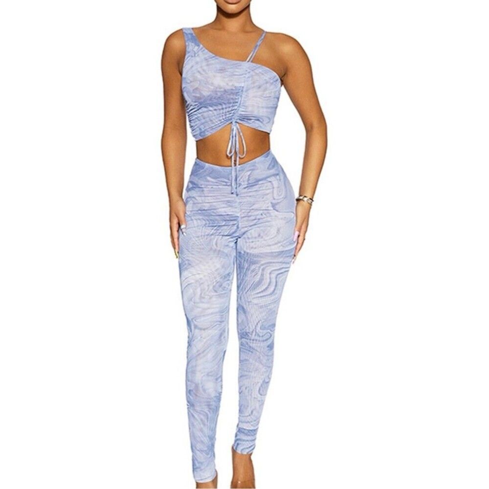 Naked Wardrobe NEW Large Blue Marble Swirl Geometric Sheer Ruched Leggings